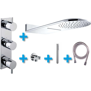 Xellanz One Pack Set de douche thermostatique encastrable avec bras mural et douche de tête demisphère 25x60cm 3 jets chrome