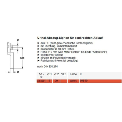 Wiesbaden Plumb Siphon pour urinoir évacuation verticale