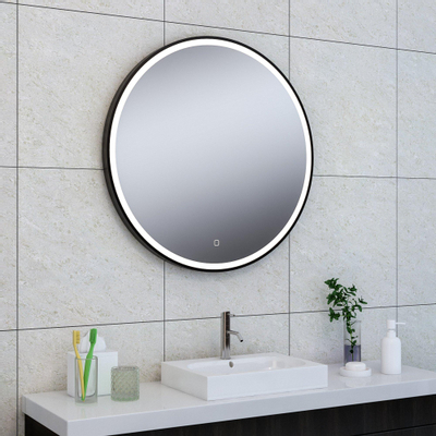 Wiesbaden Maro miroir rond avec LED, dimmable et chauffage miroir 100 cm noir mat
