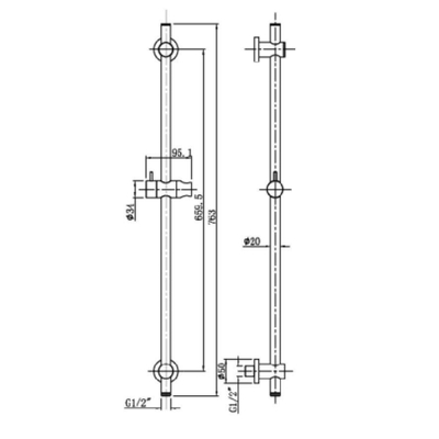 Wiesbaden UniMatch Barre coulissante avec raccord d'eau 76,5 cm chrome