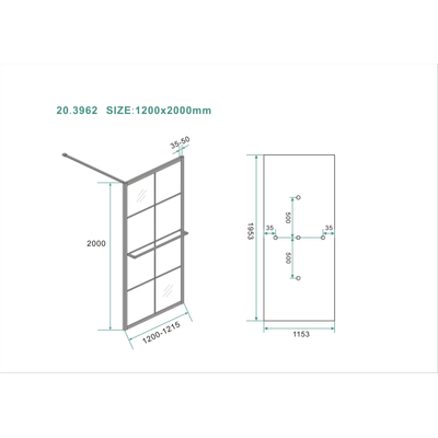 Wiesbaden Douche italienne cadre noir avec porte-serviette 1120x200cm verre 10mm NANO