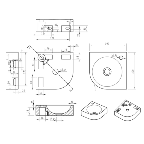 Wiesbaden hoekfonteinset – driehoekig – driehoek – 30x30x10 cm – hardsteen antraciet – kraan RVS SW794562