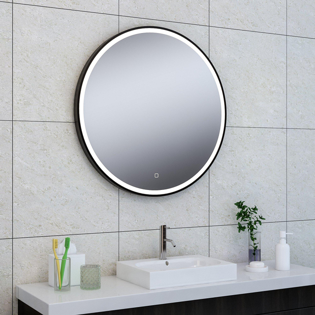 Wiesbaden Maro spiegel rond met LED, dimbaar en spiegelverwarming 80 cm mat zwart 38.4171