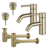 FortiFura Calvi Kit robinet lavabo - pour double vasque - robinet bas - bonde clic clac - siphon design bas - Laiton brossé PVD SW911726