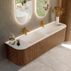 MONDIAZ KURVE 170cm Meuble salle de bain avec module 25 G et D - couleur Walnut - 1 tiroir - 2 portes - vasque CLOUD double - 2 trous de robinet - Talc SW1138324