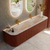 MONDIAZ KURVE-DLUX Meuble de salle de bains 180cm arrondi à gauche + à droite couleur Ruby avec 2 tiroirs et 2 portes. Lavabo LEAF Double 2 trous de robinet Meli. SW1432010