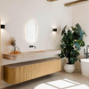 MONDIAZ THOR-DLUX 200cm meuble de salle de bains arrondi gauche + droite couleur Oak avec 2 tiroirs et 2 portes. Vasque suspendue CLOUD Milieu sans trou de robinet couleur Saba. SW1467212