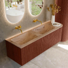 MONDIAZ KURVE-DLUX meuble de salle de bains 145cm arrondi droit couleur Ruby avec 1 tiroir et 1 porte. Vasque LEAF Double / Gauche sans trou de robinet Arena. SW1431523