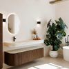 MONDIAZ THOR-DLUX 160cm meuble de salle de bains arrondi gauche + droite couleur Walnut avec 1 tiroir et 2 portes. Vasque suspendue CLOUD Gauche 1 trou de robinet couleur Ostra. SW1465032