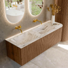 MONDIAZ KURVE-DLUX 145cm Meuble salle de bain avec module 25 D - couleur Walnut - 1 tiroir - 1 porte - vasque LEAF double / gauche - sans trou de robinet - couleur Glace SW1138072