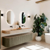 MONDIAZ THOR-DLUX 180cm meuble de salle de bains arrondi gauche + droite couleur Shadow avec 2 tiroirs et 2 portes. Vasque suspendue CLOUD Double sans trou de robinet couleur Arena. SW1466144