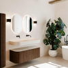 MONDIAZ THOR-DLUX 120cm meuble de salle de bains arrondi gauche + droite couleur Walnut avec 1 tiroir et 2 portes. Vasque suspendue CLOUD Double sans trou de robinet couleur Meli. SW1463397