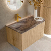 MONDIAZ KURVE-DLUX 85cm badmeubel ronding Rechts kleur Oak met 1 lade en 1 deur. Wastafel CLOUD Links 1 kraangat Sombra. SW1433535