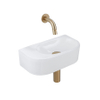 QeramiQ Fuente Ensemble de Lavabo - 40x21.5x12cm - lisse - demi-rond - céramique - ensemble de robinet en laiton brossé - bouchon de vidange - siphon réduit - blanc brillant SW1233106