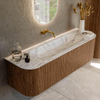 MONDIAZ KURVE-DLUX 150cm Meuble salle de bain avec module 25 G et D - couleur Walnut - 1 tiroir - 2 portes - vasque BIG MEDIUM centre - sans trou de robinet - couleur Glace SW1138036