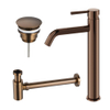 Fortifura Calvi Wastafelkraanset - verhoogde wastafelkraan - always open plug - verlaagde design - sifon - PVD - geborsteld koper SW1079953