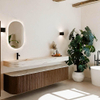 MONDIAZ THOR-DLUX 200cm meuble de salle de bains arrondi gauche + droite couleur Walnut avec 2 tiroirs et 2 portes. Vasque suspendue CLOUD gauche 1 trou de robinet couleur Nata. SW1467146