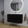 Adema Chaci Meuble salle de bain - 100x46x57cm - 1 vasque ovale en céramique blanche - 1 trou de robinet - 2 tiroirs - miroir rond avec éclairage - noir mat SW816281