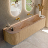 MONDIAZ KURVE-DLUX Meuble de salle de bains 180cm arrondi Gauche + Droite couleur Chêne avec 2 tiroirs et 2 portes. Lavabo LEAF Double sans trou de robinet Saba. SW1433122