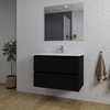 Saniclass Chaci Meuble de salle de bain - 80x45x55cm - lavabo en céramique blanc - 1 vasque ovale - 1 trou de robinet - 2 tiroirs - miroir rectangulaire - noir mat SW724527