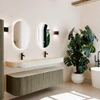 MONDIAZ THOR-DLUX 160cm meuble de salle de bains arrondi gauche + droite couleur Shadow avec 1 tiroir et 2 portes. Vasque suspendue CLOUD Double 2 trous de robinet couleur Ostra. SW1465118