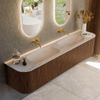 MONDIAZ KURVE-DLUX Meuble de salle de bains 200cm arrondi Gauche + Droite couleur Walnut avec 2 tiroirs et 2 portes. Lavabo STOR SMALL Double sans trou de robinet Meli. SW1431750