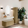 MONDIAZ THOR-DLUX Meuble de salle de bains 100cm arrondi gauche + droite couleur Dusk avec 1 tiroir et 2 portes. Vasque suspendue CLOUD droite sans trou de robinet couleur Ostra. SW1467345