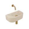 QeramiQ Fuente Ensemble de Lavabo - 40x21.5x12cm - lisse - demi-rond - sans trou pour robinet céramique - ensemble de robinet en laiton brossé - bouchon de vidange - siphon abaissé - beige SW1233109