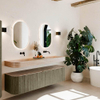 MONDIAZ THOR-DLUX Meuble de salle de bains 180cm arrondi gauche + droite couleur Shadow avec 2 tiroirs et 2 portes. Vasque suspendue CLOUD Double sans trou de robinet couleur Saba. SW1466260