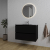 Saniclass Chaci Meuble de salle de bain - 80x46x55cm - lavabo en céramique noir - 1 vasque - 1 trou de robinet - 2 tiroirs - ronde miroir avec éclairage - noir mat SW816273