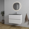 Adema Chaci Meuble salle de bain - 80x46x55cm - 1 vasque en céramique noire - sans trou de robinet - 2 tiroirs - miroir rond avec éclairage - blanc mat SW816276