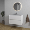 Saniclass Chaci Meuble de salle de bain - 80x46x55cm - lavabo en céramique noir - 1 vasque - 1 trou de robinet - 2 tiroirs - ronde miroir avec éclairage - blanc mat SW816272