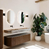 MONDIAZ THOR-DLUX 150cm meuble de salle de bains arrondi gauche + droite couleur Walnut avec 1 tiroir et 2 portes. Vasque suspendue CLOUD Double sans trou de robinet couleur Sombra. SW1464909