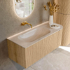 MONDIAZ KURVE-DLUX Meuble de salle de bains 115 cm arrondi à droite couleur Oak avec 1 tiroir et 1 porte. Lavabo BIG SMALL à gauche sans trou de robinet Meli. SW1431582