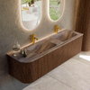 MONDIAZ KURVE-DLUX meuble de salle de bains 155 cm arrondi à gauche couleur Walnut avec 2 tiroirs et 1 porte. Lavabo LEAF Double / À droite 2 trous de robinet Oza. SW1432488