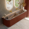 MONDIAZ KURVE-DLUX Meuble de salle de bains 170cm arrondi Gauche + Droit couleur Ruby avec 1 tiroir et 2 portes. Lavabo LEAF Double sans trou de robinet Oza. SW1432818