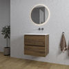 Saniclass Chaci Ensemble meuble de salle de bains - 60x46x55cm - lavabo en céramique blanc - 1 vasque - sans trou de robinet - 2 tiroirs - miroir rond avec éclairage - noyer (bois) SW816211