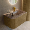 MONDIAZ KURVE-DLUX Meuble de salle de bains 75cm arrondi à gauche couleur Dusk avec 1 tiroir et 1 porte. Lavabo GRUNNE à droite 1 trou de robinet Oza. SW1434043