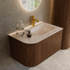 MONDIAZ KURVE-DLUX meuble de salle de bains 75cm arrondi gauche couleur noyer avec 1 tiroir et 1 porte. Lavabo GRUNNE droit 1 trou de robinet Meli. SW1432033