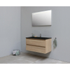 Basic Bella Meuble salle de bains avec lavabo acrylique Noir 100x55x46cm 1 trou de robinet avec miroir et éclairage Chêne SW491805