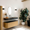 MONDIAZ THOR-DLUX Meuble de salle de bains 130cm arrondi gauche + droite couleur Oak avec 1 tiroir et 2 portes. Vasque suspendue CLOUD Milieu sans trou de robinet couleur Lava. SW1463536