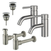 FugaFlow Eccelente Sobrado Kit robinet lavabo - pour double vasque - robinet bas - bonde clic clac - siphon design bas - Inox brossé PVD SW1124243