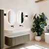 MONDIAZ THOR 140cm meuble de salle de bains arrondi gauche + droite couleur Shadow avec 1 tiroir et 2 portes. Vasque suspendue CLOUD Double sans trou de robinet couleur Talc. SW1464137
