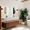 MONDIAZ THOR-DLUX 170cm meuble de salle de bains arrondi gauche + droite couleur Ruby avec 1 tiroir et 2 portes. Vasque suspendue CLOUD Double 2 trous de robinet couleur Glace. SW1467686