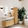 MONDIAZ THOR-DLUX 100cm badmeubel ronding links + rechts kleur Oak met 1 lade en 2 deuren. Vrijhangende wastafel CLOUD Links zonder kraangat kleur Frappe. SW1467303