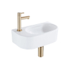 QeramiQ Fuente Ensemble de lavabo - 40x21.5x12cm - gauche - lisse - demi-rond - 1 trou de robinet - céramique - robinet de lave-mains en laiton brossé - bouchon de vidange - siphon abaissé - blanc brillant SW1232817