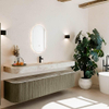 MONDIAZ THOR-DLUX Meuble de salle de bains - 200cm - arrondi gauche + droite - couleur Shadow - 2 tiroirs - 2 portes - Vasque suspendue CLOUD Milieu 1 trou de robinet couleur Frappe SW1467029
