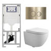 QeramiQ Dely Swirl Compact Toiletset - inbouwreservoir Geberit UP320 - met Burda frame - 25mm zitting - kunststof bedieningsplaat geborsteld messing (goud) - ronde knoppen - mat wit SW1595667