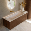 MONDIAZ KURVE-DLUX Meuble de salle de bains 135cm arrondi à droite couleur Walnut avec 1 tiroir et 1 porte. Lavabo BIG MEDIUM gauche sans trou de robinet Nata. SW1432194