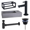 FugaFlow Eccelente Pietra ensemble de lavabo - 40x22x23,5cm - 1 trou de robinet - cadre noir - robinet de lavabo noir mat - béton SW1469202